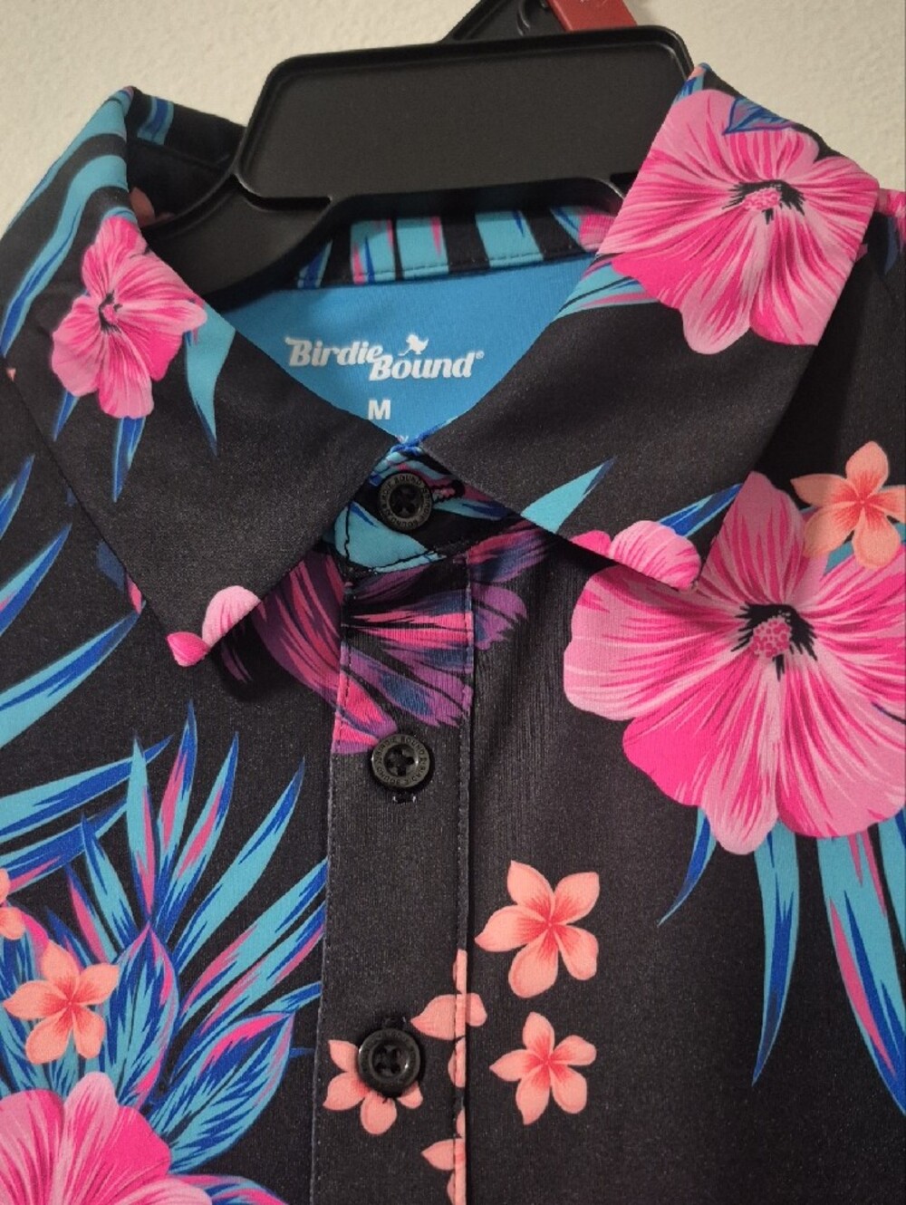 Birdie Bound Black Floral Print Men's Polo Shirt - Picture 3 of 7